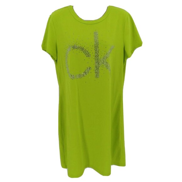 Calvin Klein Womens Large Yellow Green White Rhinestone Bling Tee T Shirt Dress - Picture 14 of 14